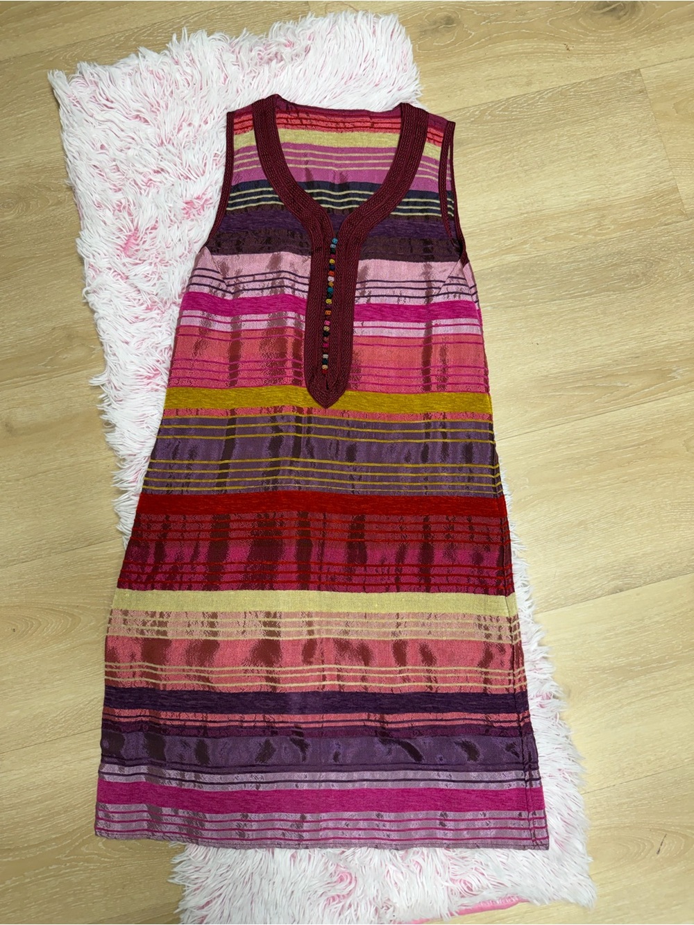 Vintage Multicolor Striped Sleeveless Mini Dress Pink, Red Purple XS